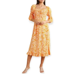 Faithfull The Brand Nora Midi Dress Orange Floral Ruffle Hem Puff Sleeves XS